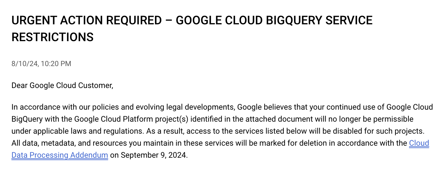 Уведомление Google об отключении BigQuery